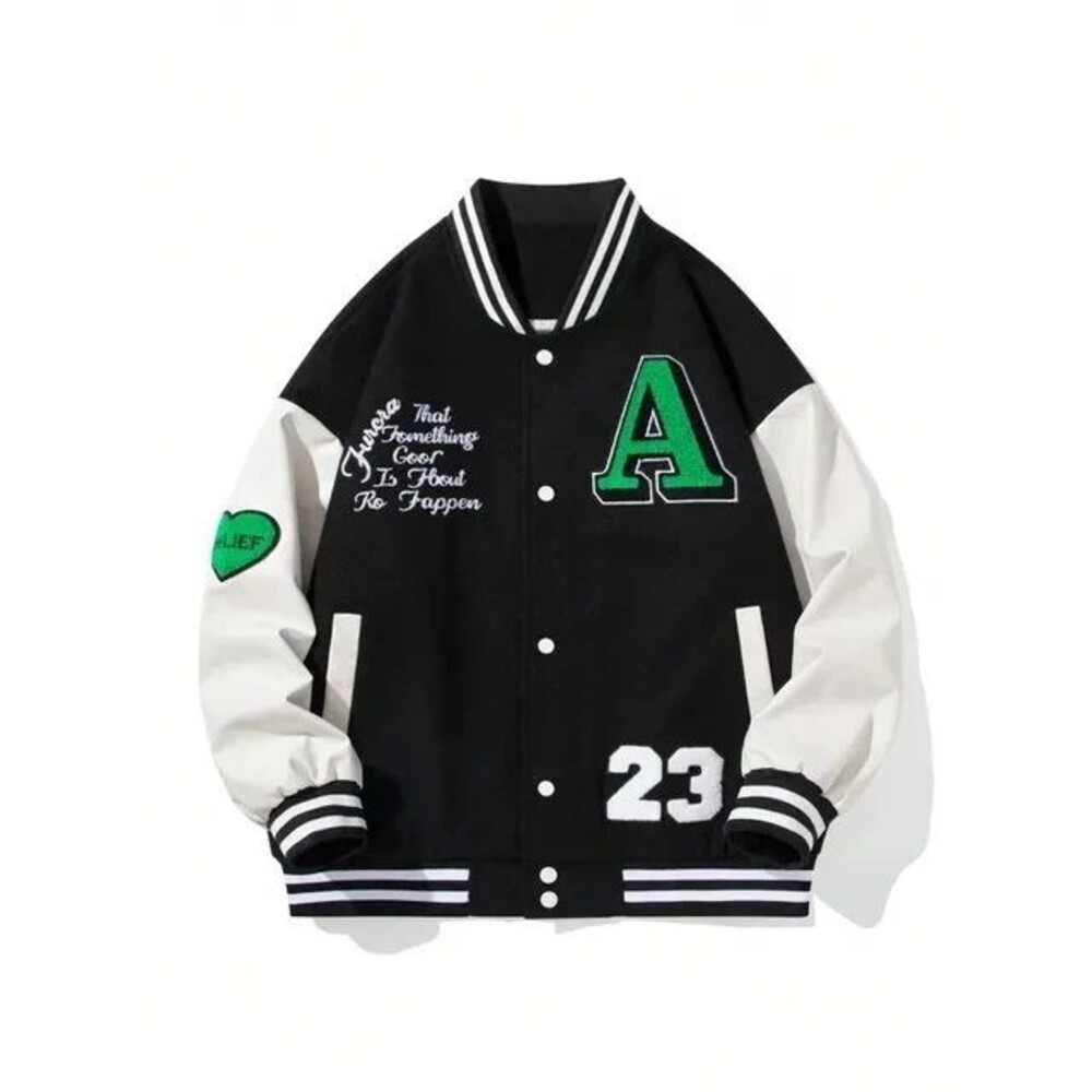 Unisex Graphic Striped Trim Colorblock Drop Shoulder Varsity Jacket
